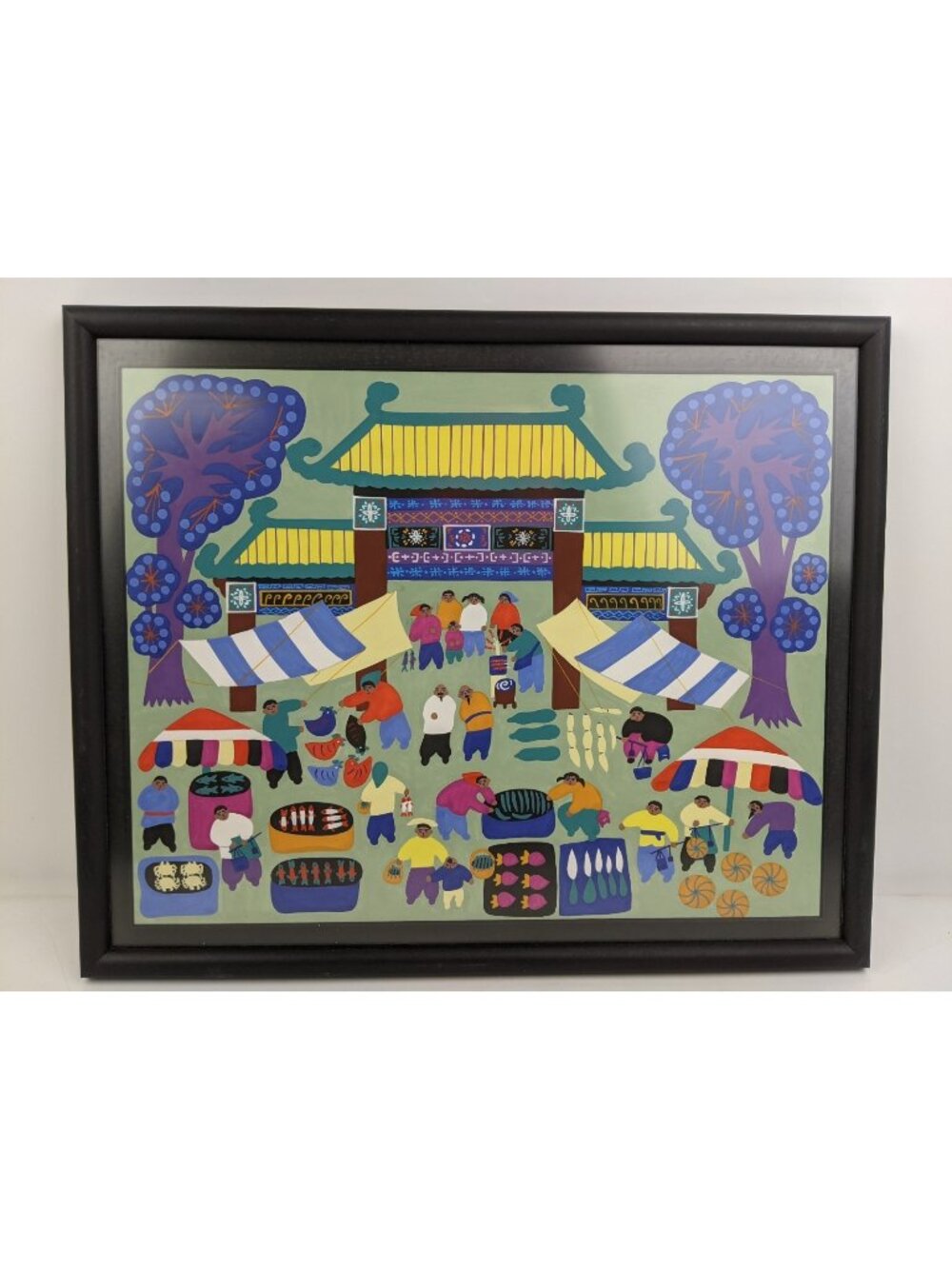 Chinese Folk Art Jinshan Peasant Painting Outdoor Farmer Market Pagoda 14" x 18"